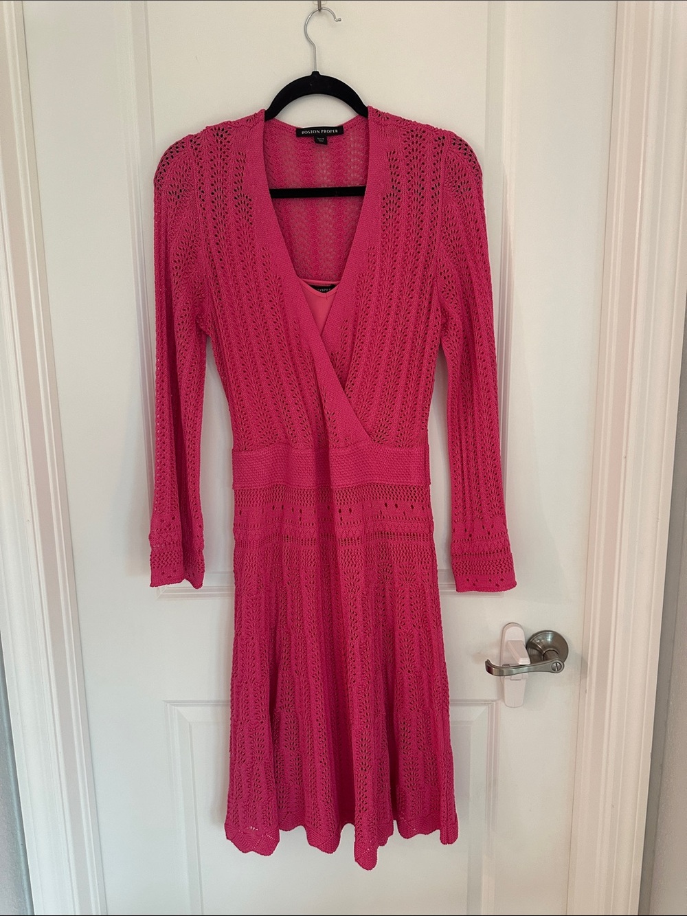 Boston Proper Hot Pink Knit Wrap-Style Long Sleeve Dress